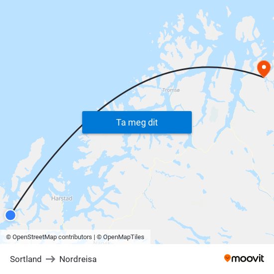 Sortland to Nordreisa map