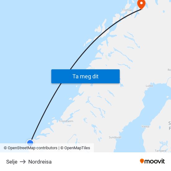 Selje to Nordreisa map