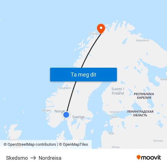 Skedsmo to Nordreisa map