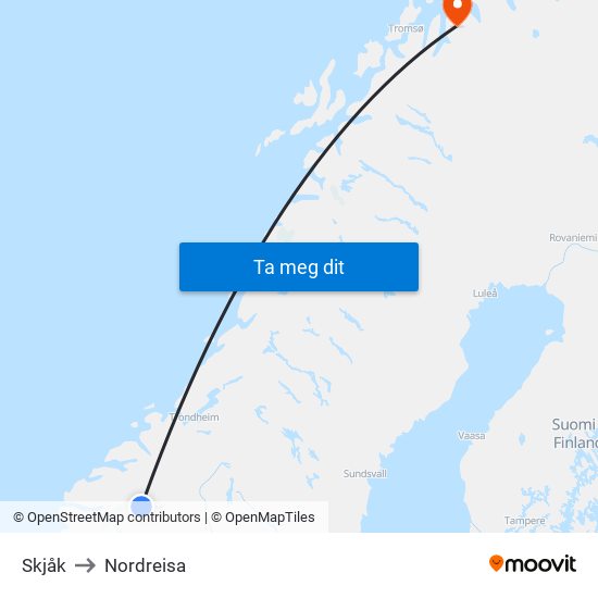 Skjåk to Nordreisa map