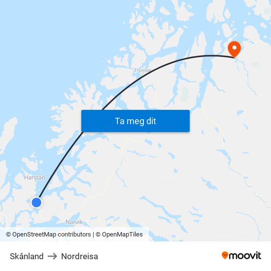Skånland to Nordreisa map