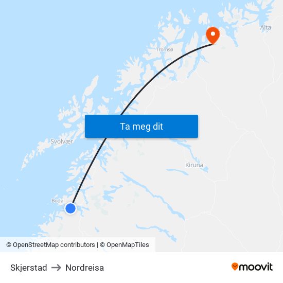 Skjerstad to Nordreisa map