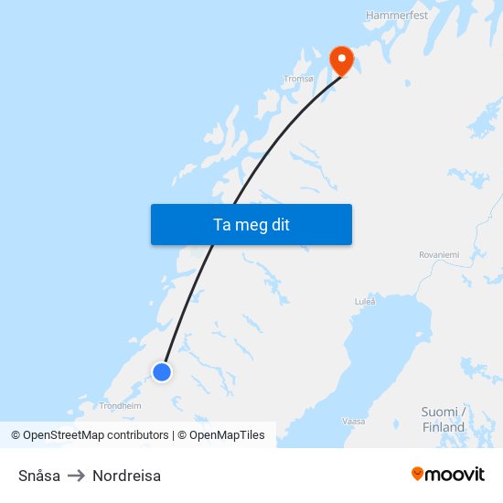 Snåsa to Nordreisa map