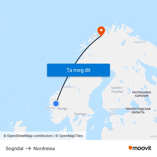 Sogndal to Nordreisa map