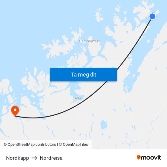 Nordkapp to Nordreisa map