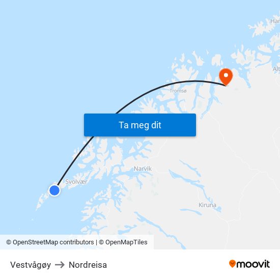 Vestvågøy to Nordreisa map