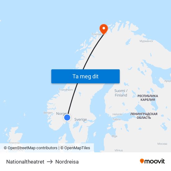 Nationaltheatret to Nordreisa map