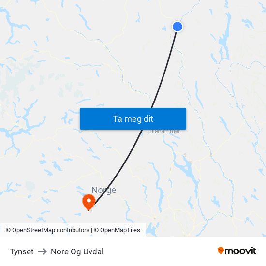 Tynset to Nore Og Uvdal map