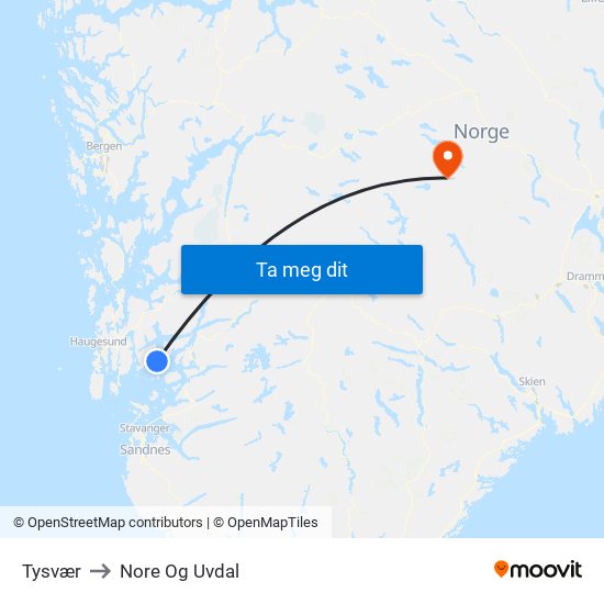 Tysvær to Nore Og Uvdal map
