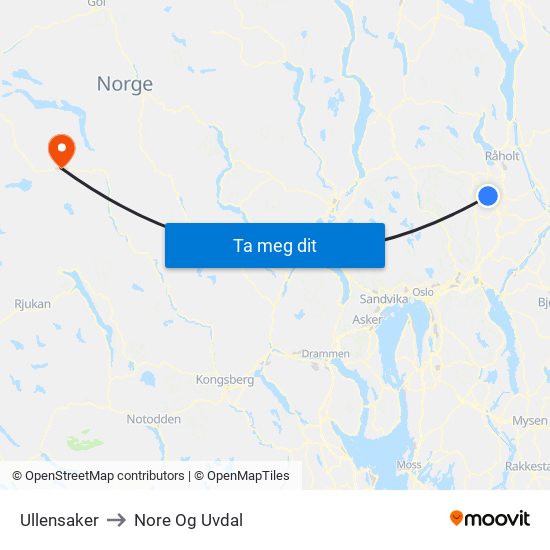 Ullensaker to Nore Og Uvdal map