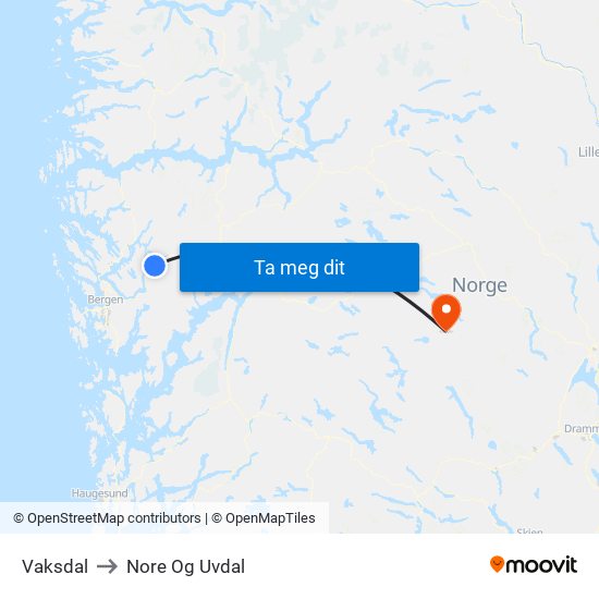 Vaksdal to Nore Og Uvdal map