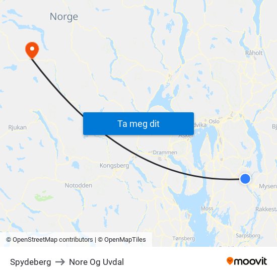 Spydeberg to Nore Og Uvdal map