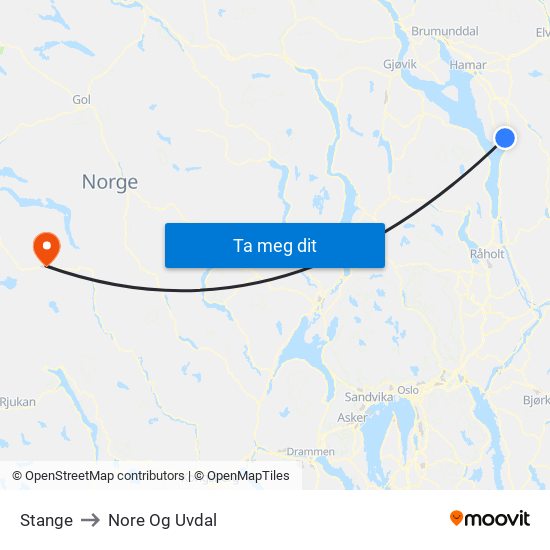 Stange to Nore Og Uvdal map