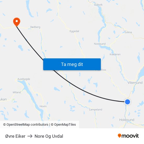 Øvre Eiker to Nore Og Uvdal map