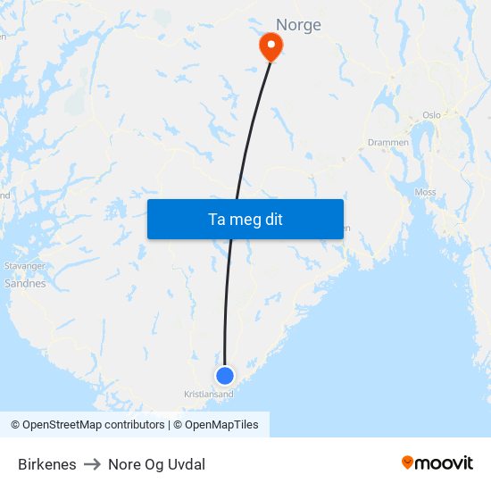 Birkenes to Nore Og Uvdal map
