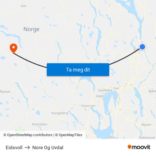Eidsvoll to Nore Og Uvdal map