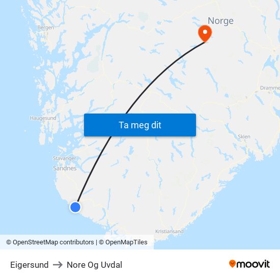 Eigersund to Nore Og Uvdal map