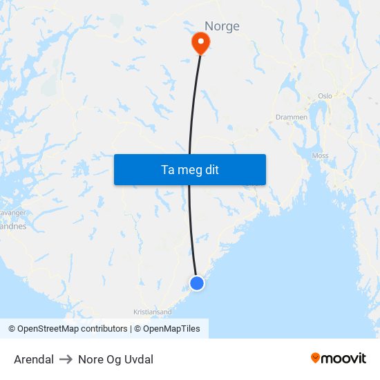 Arendal to Nore Og Uvdal map