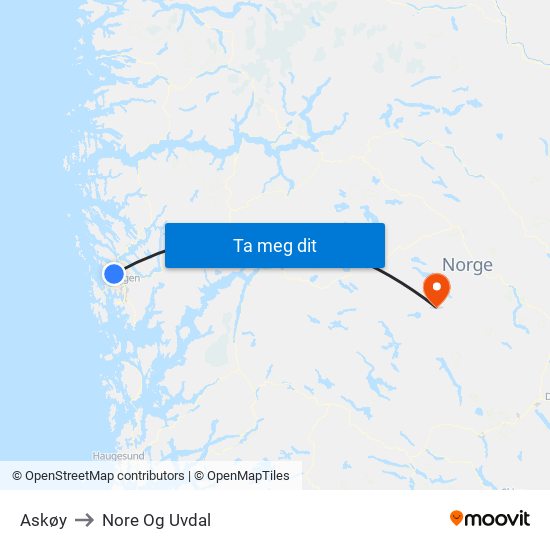 Askøy to Nore Og Uvdal map