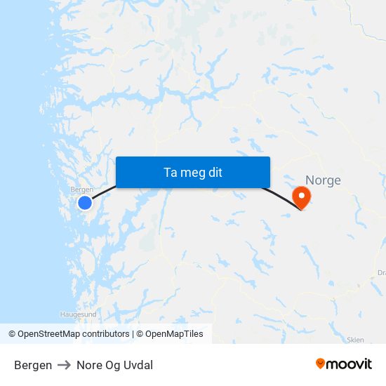 Bergen to Nore Og Uvdal map