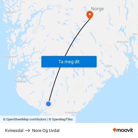 Kvinesdal to Nore Og Uvdal map