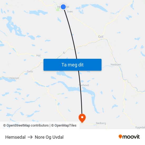 Hemsedal to Nore Og Uvdal map