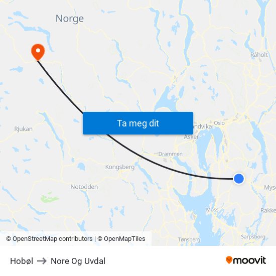Hobøl to Nore Og Uvdal map