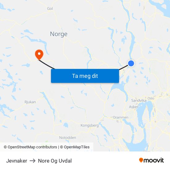 Jevnaker to Nore Og Uvdal map
