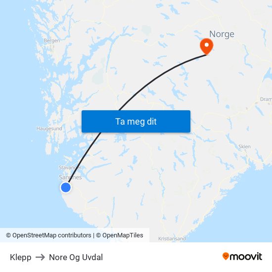 Klepp to Nore Og Uvdal map