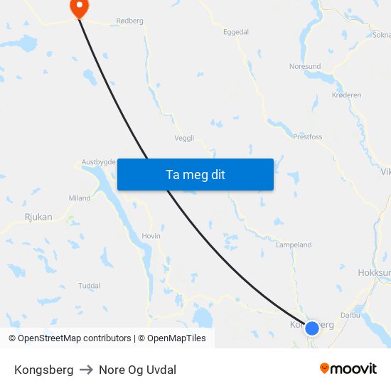 Kongsberg to Nore Og Uvdal map