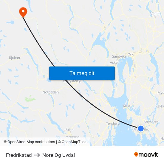 Fredrikstad to Nore Og Uvdal map