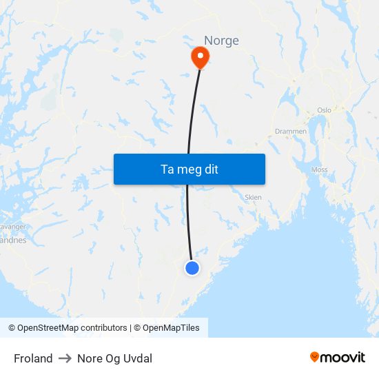 Froland to Nore Og Uvdal map