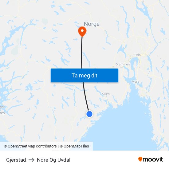 Gjerstad to Nore Og Uvdal map