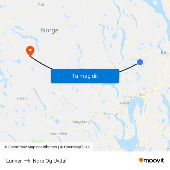 Lunner to Nore Og Uvdal map