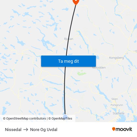 Nissedal to Nore Og Uvdal map