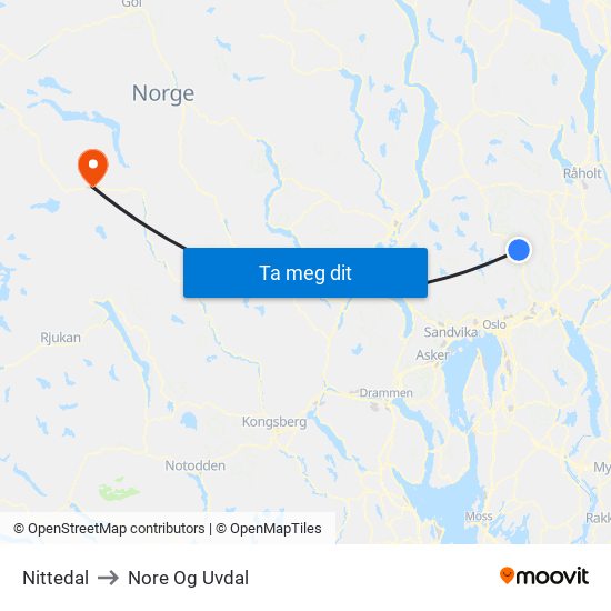 Nittedal to Nore Og Uvdal map