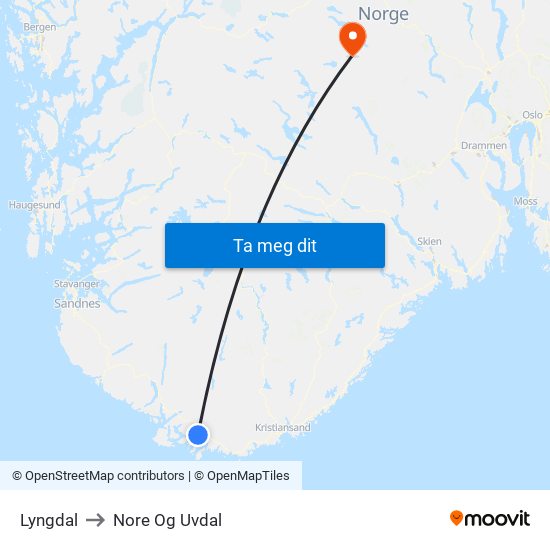 Lyngdal to Nore Og Uvdal map