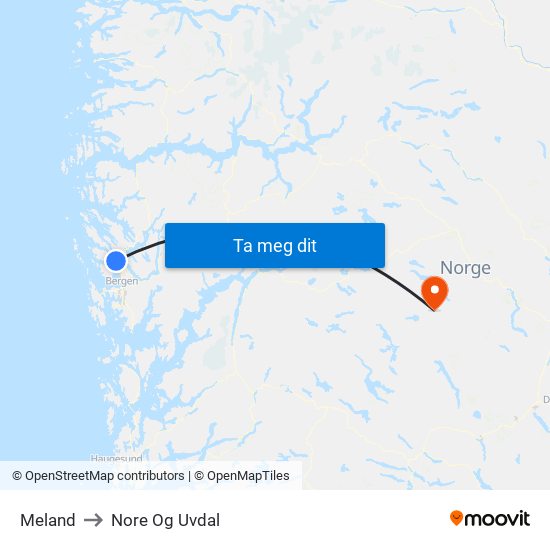 Meland to Nore Og Uvdal map