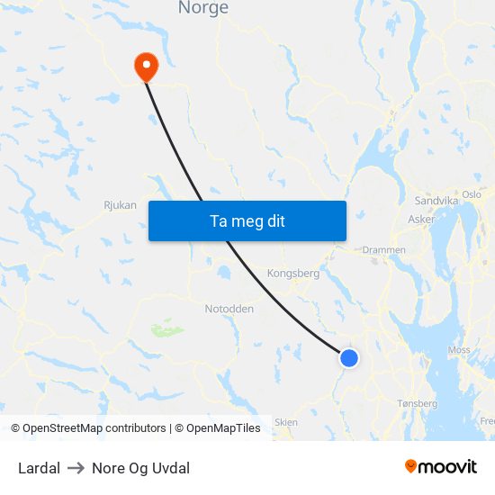 Lardal to Nore Og Uvdal map