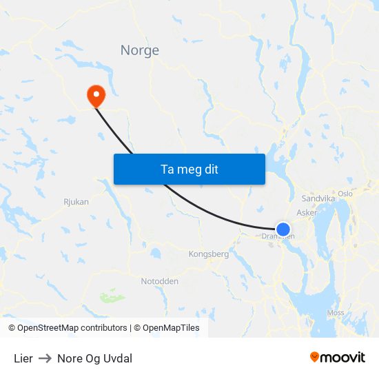 Lier to Nore Og Uvdal map