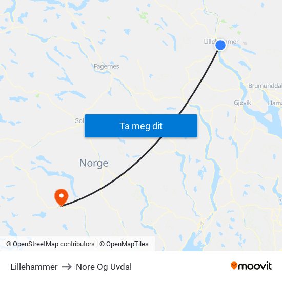 Lillehammer to Nore Og Uvdal map