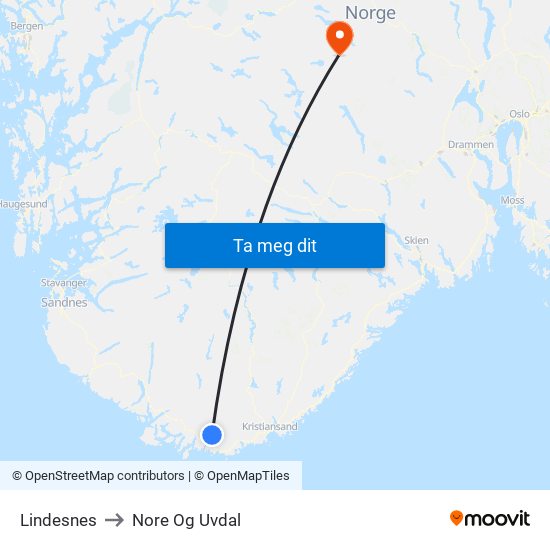 Lindesnes to Nore Og Uvdal map