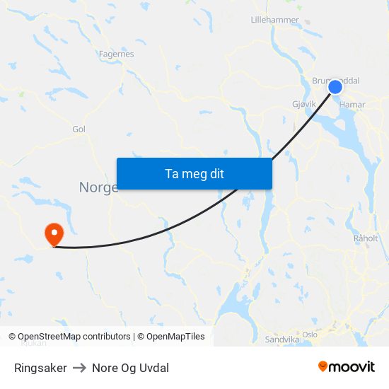 Ringsaker to Nore Og Uvdal map