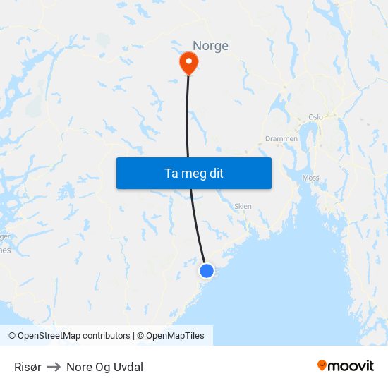 Risør to Nore Og Uvdal map