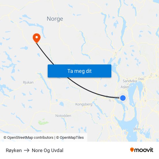 Røyken to Nore Og Uvdal map