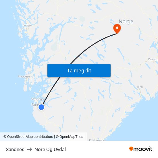 Sandnes to Nore Og Uvdal map