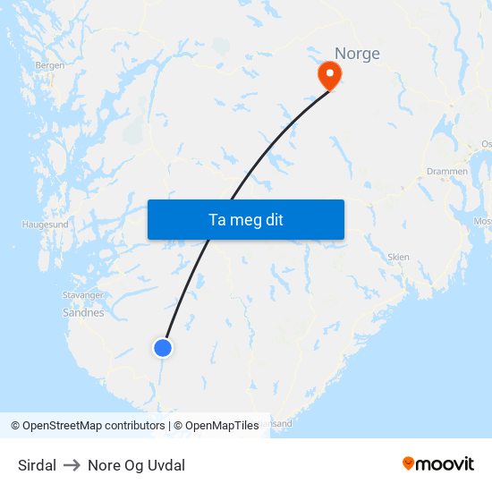 Sirdal to Nore Og Uvdal map