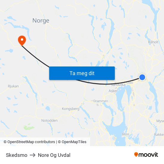 Skedsmo to Nore Og Uvdal map