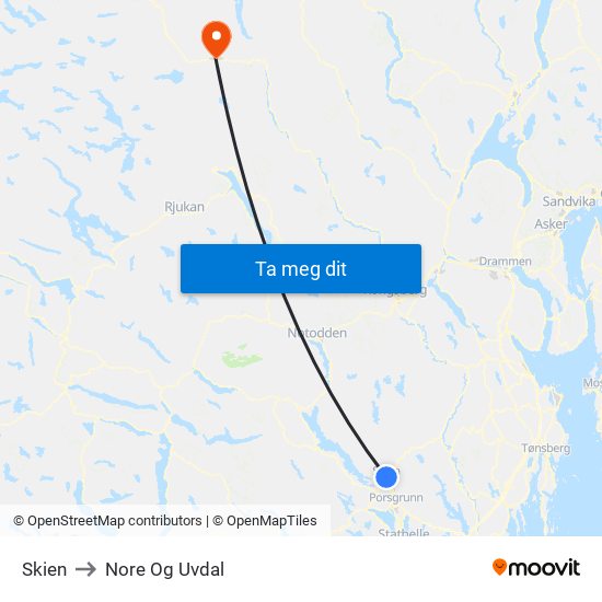 Skien to Nore Og Uvdal map