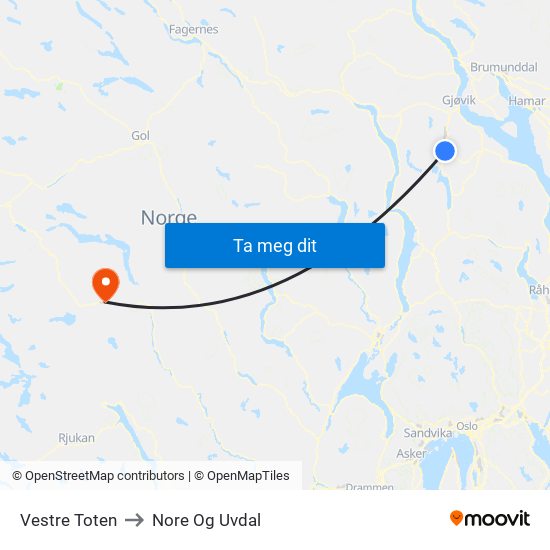 Vestre Toten to Nore Og Uvdal map